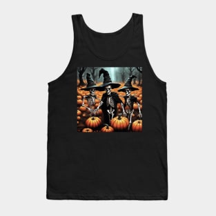 Three Skeletons Wearing Witches Costume In A Pumpkin Patch Tank Top